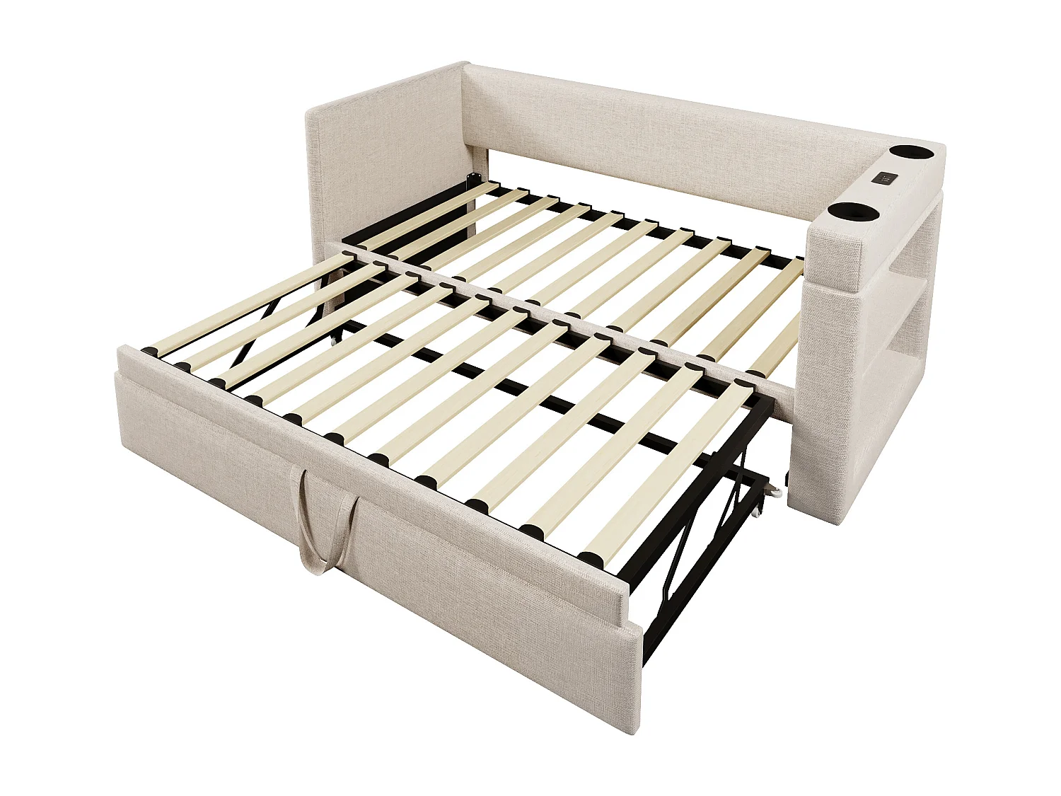 Lit gigogne 90x200 cm, accoudoirs réversibles avec USB et Type C, coton lin beige(Sans matelas)