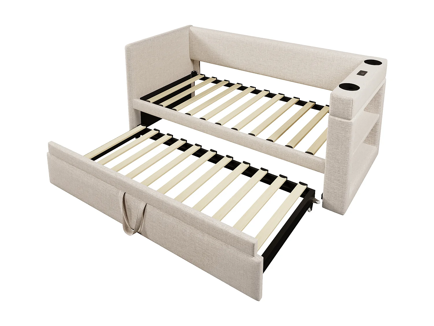 Lit gigogne 90x200 cm, accoudoirs réversibles avec USB et Type C, coton lin beige(Sans matelas)