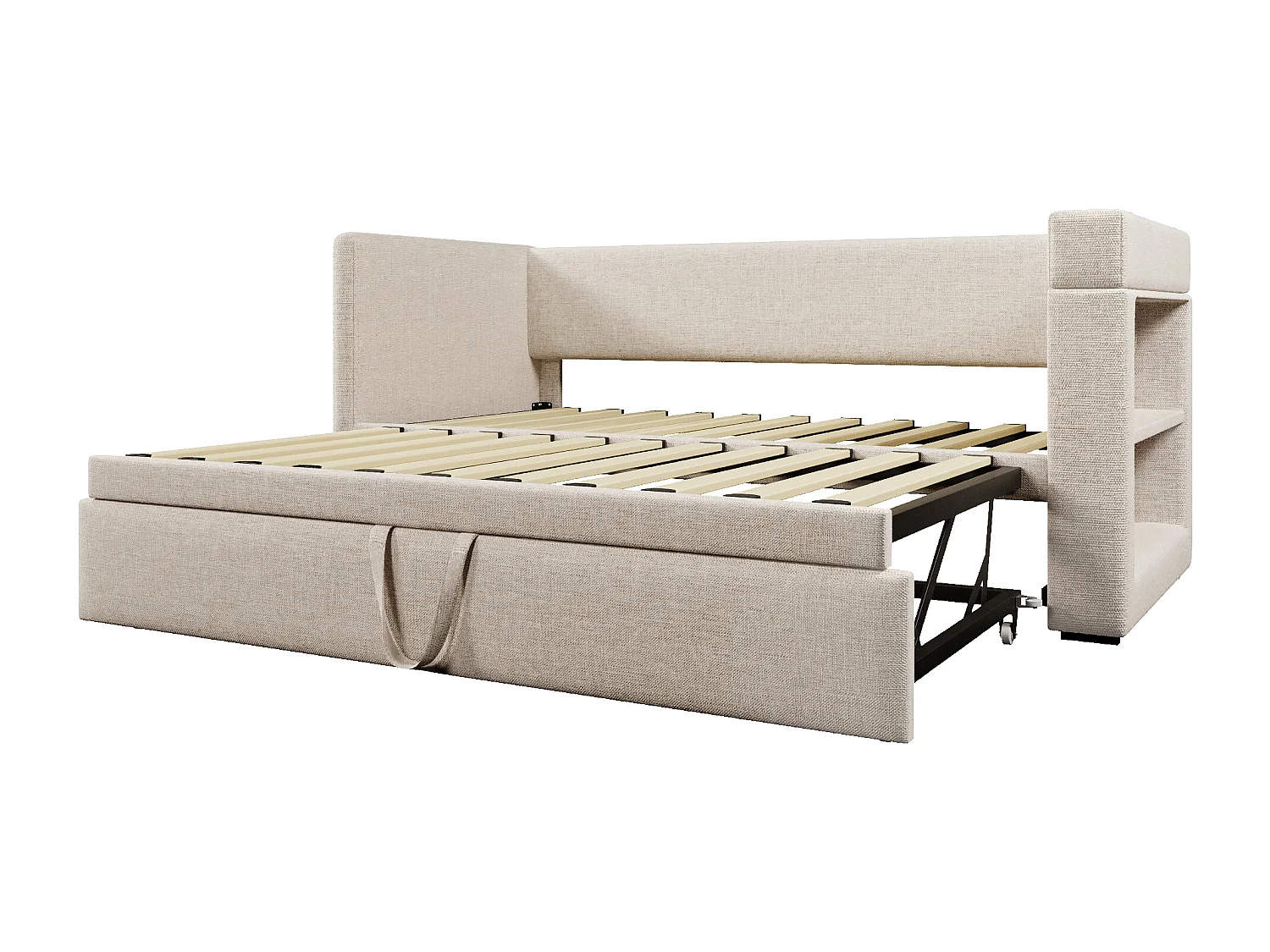 Lit gigogne 90x200 cm, accoudoirs réversibles avec USB et Type C, coton lin beige(Sans matelas)
