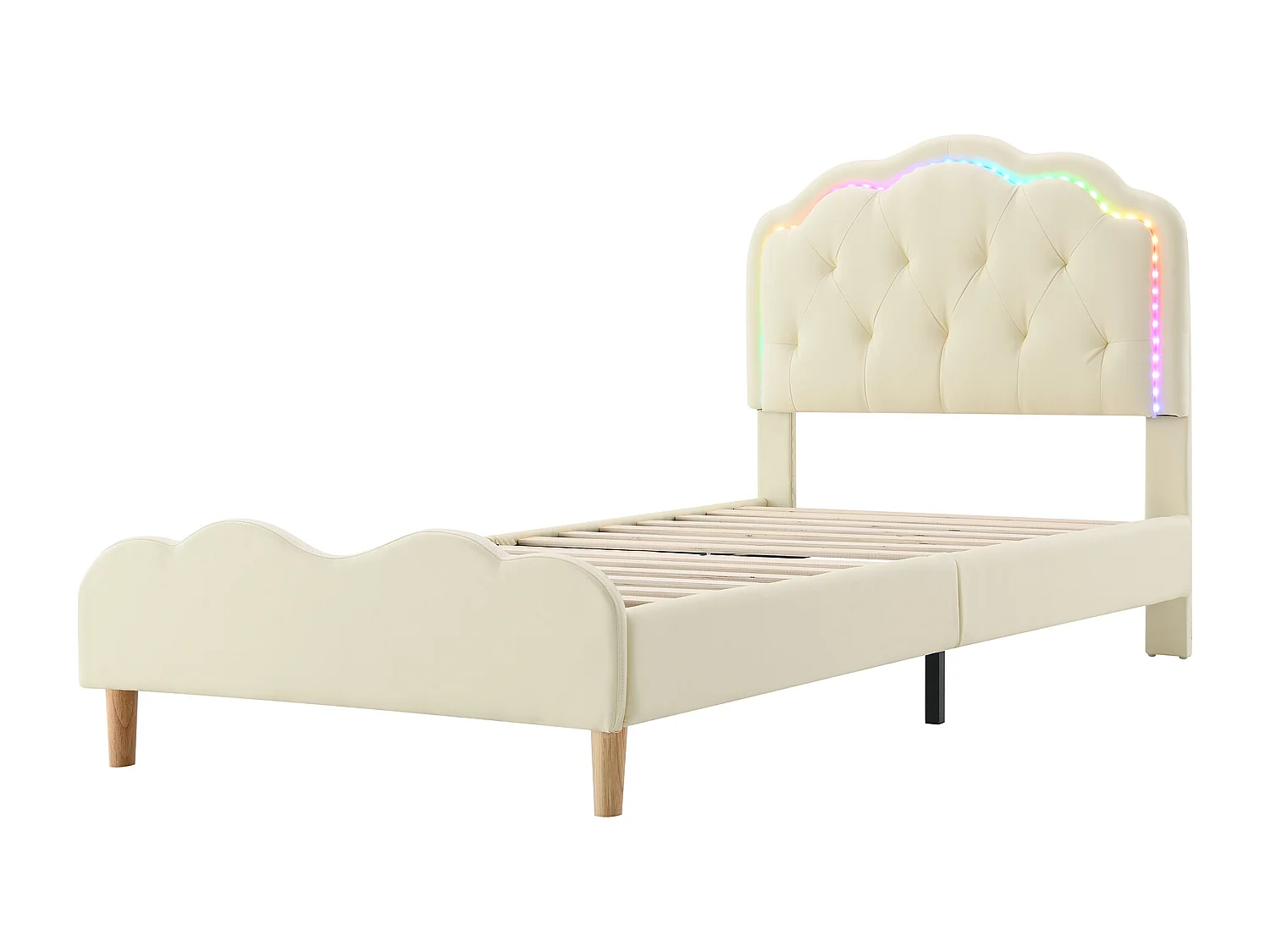 Lit simple 90x200 cm avec tête de lit ondulée, avec bande LED multicolore, avec lattes en bois, PU, beige (Sans matelas)
