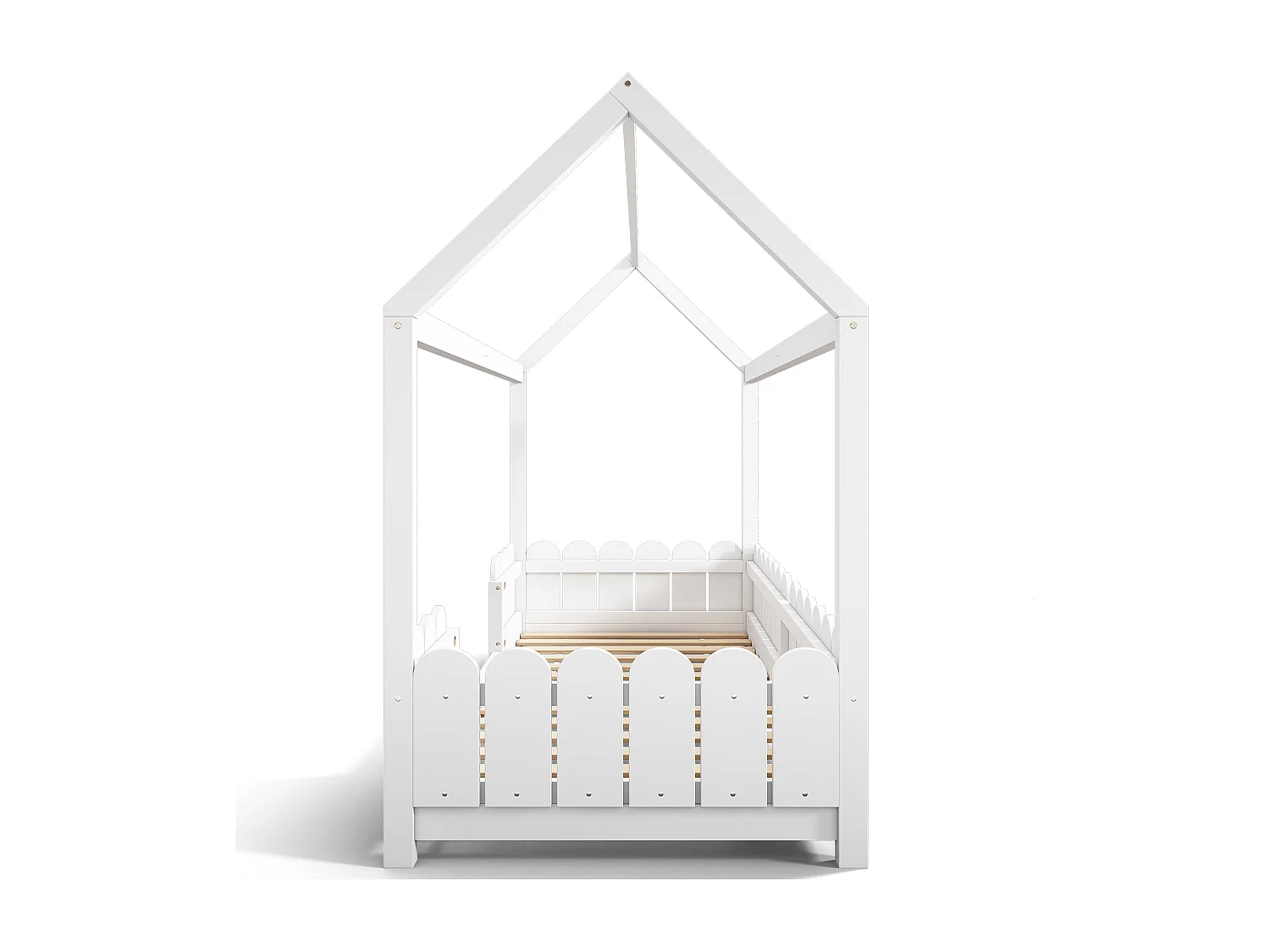 Lit cabane 90x200 cm avec protection anti-chute - sommier à lattes en bois - blanc (sans matelas)