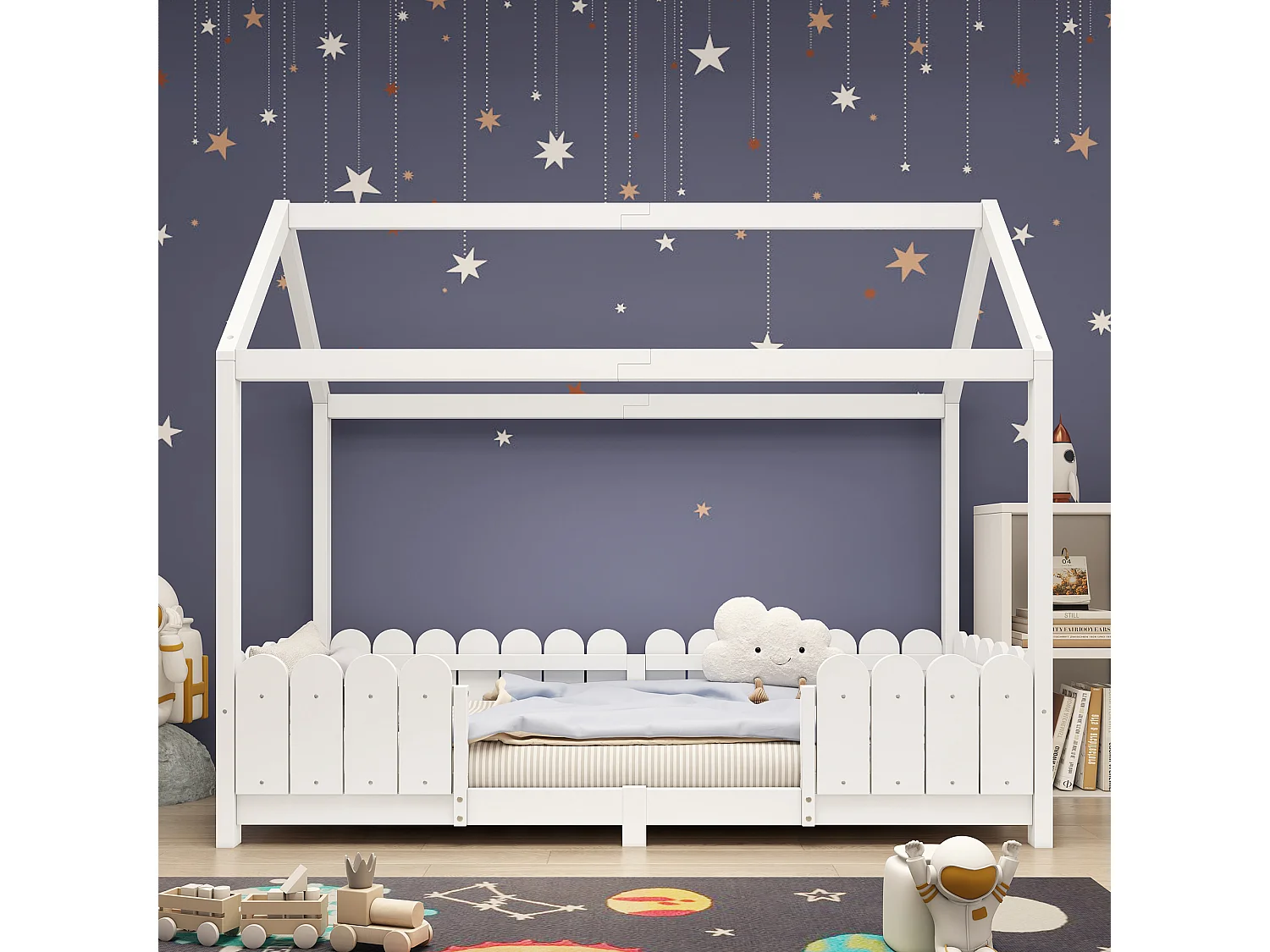 Lit enfant 90x200 cm, avec barrière de sécurité et sommier à lattes, bois massif blanc(Sans matelas)