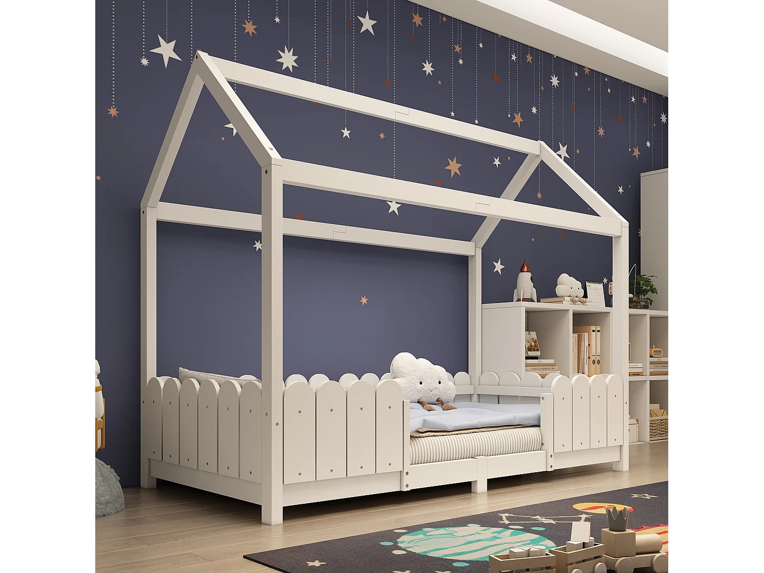 Lit enfant 90x200 cm, avec barrière de sécurité et sommier à lattes, bois massif blanc(Sans matelas)