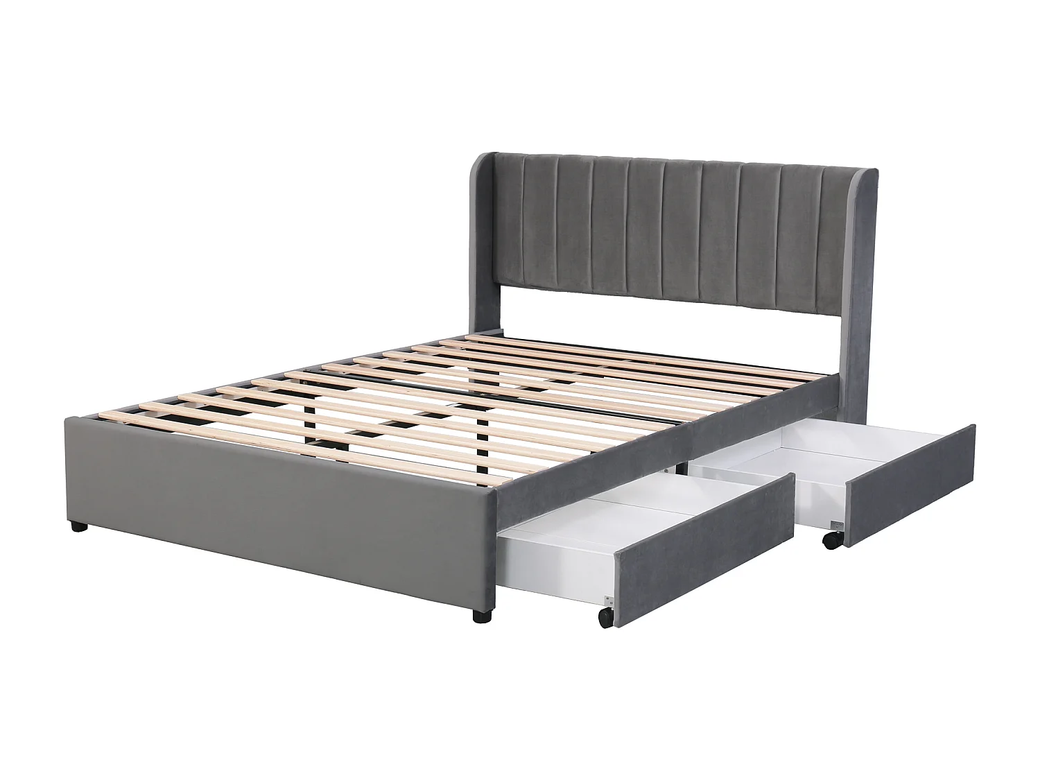 Lit double 140x200 cm avec sommier à lattes et 2 tiroirs, velours gris (Sans matelas)