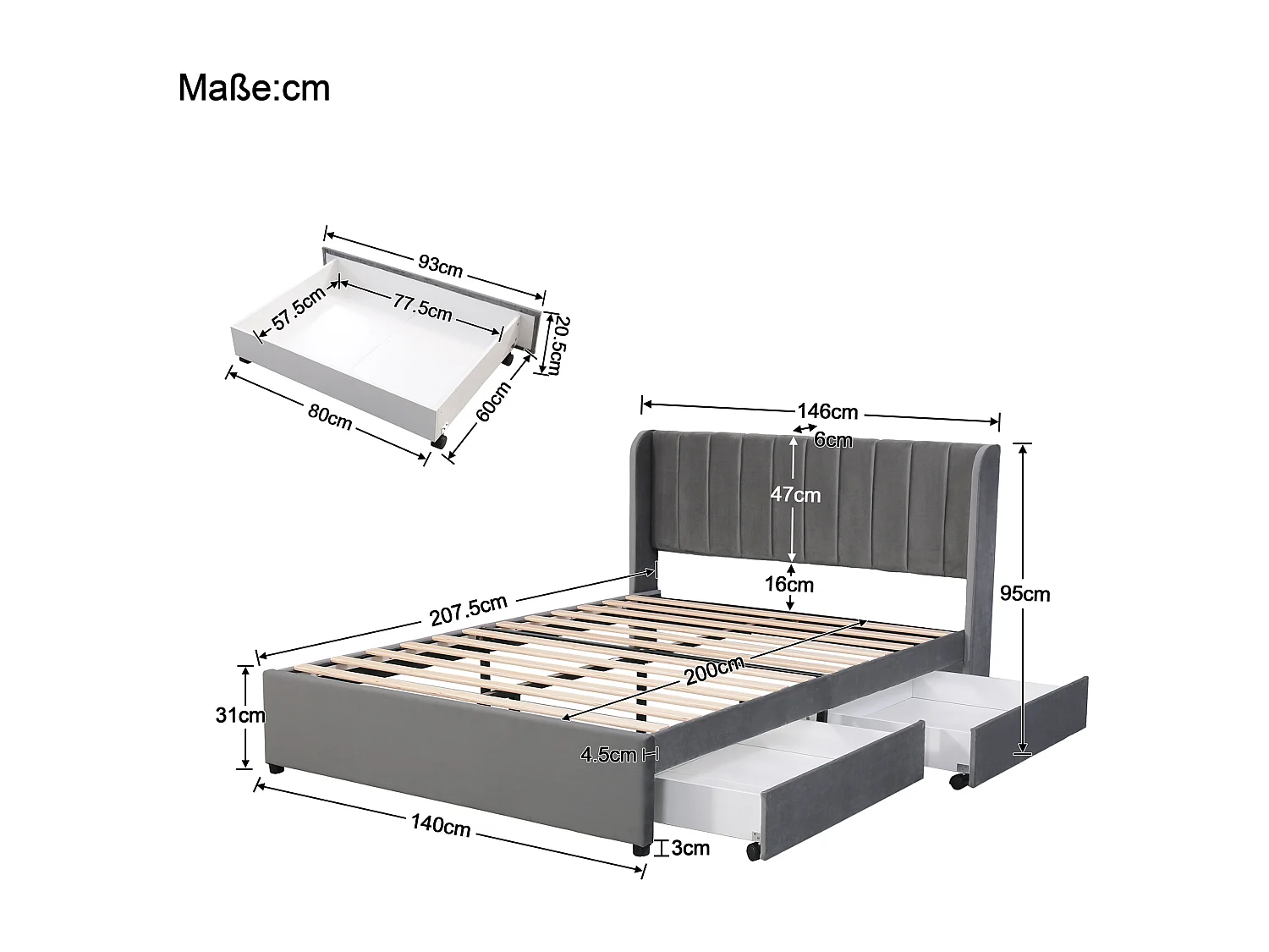 Lit double 140x200 cm avec sommier à lattes et 2 tiroirs, velours gris (Sans matelas)
