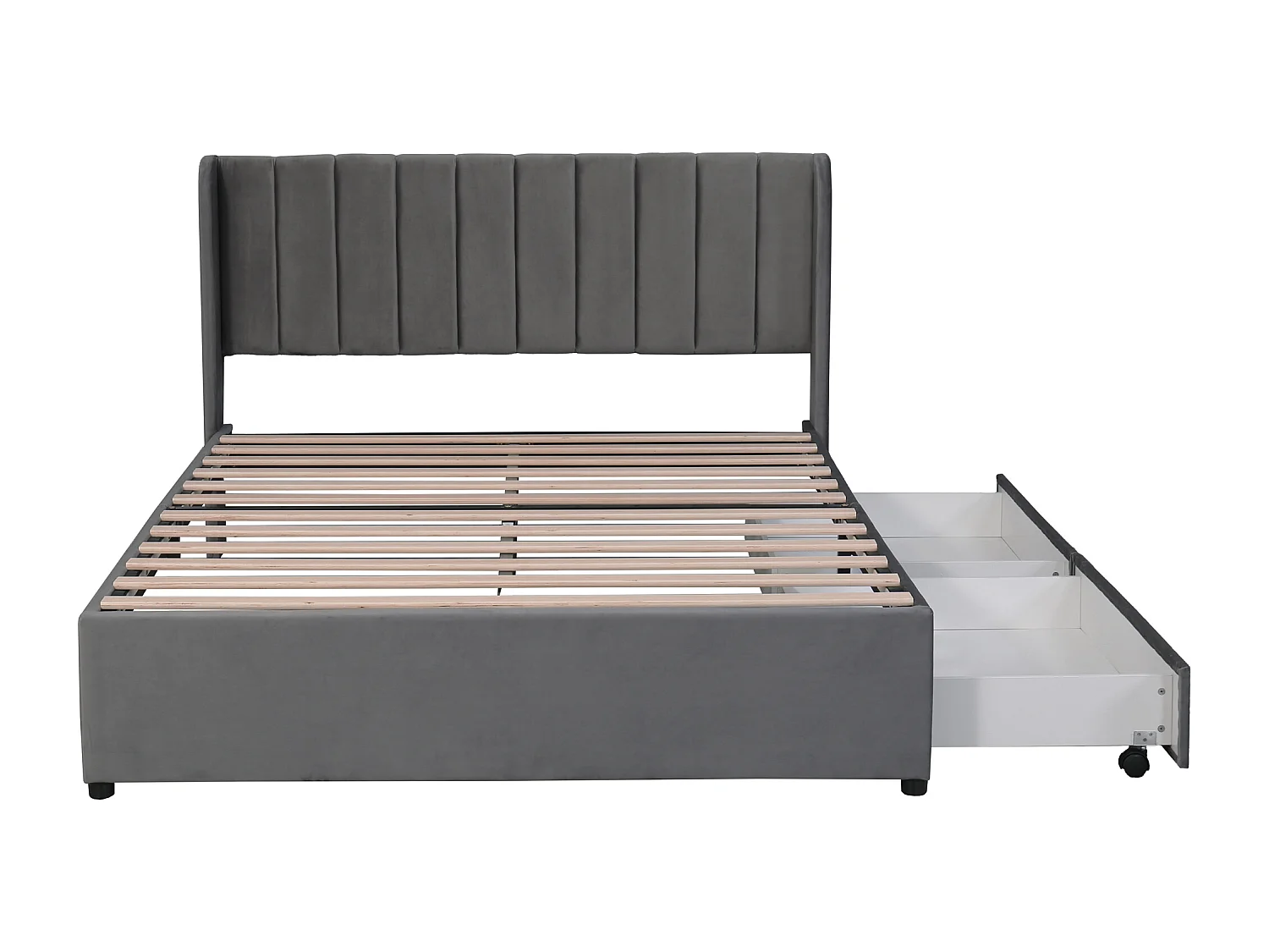 Lit double 140x200 cm avec sommier à lattes et 2 tiroirs, velours gris (Sans matelas)