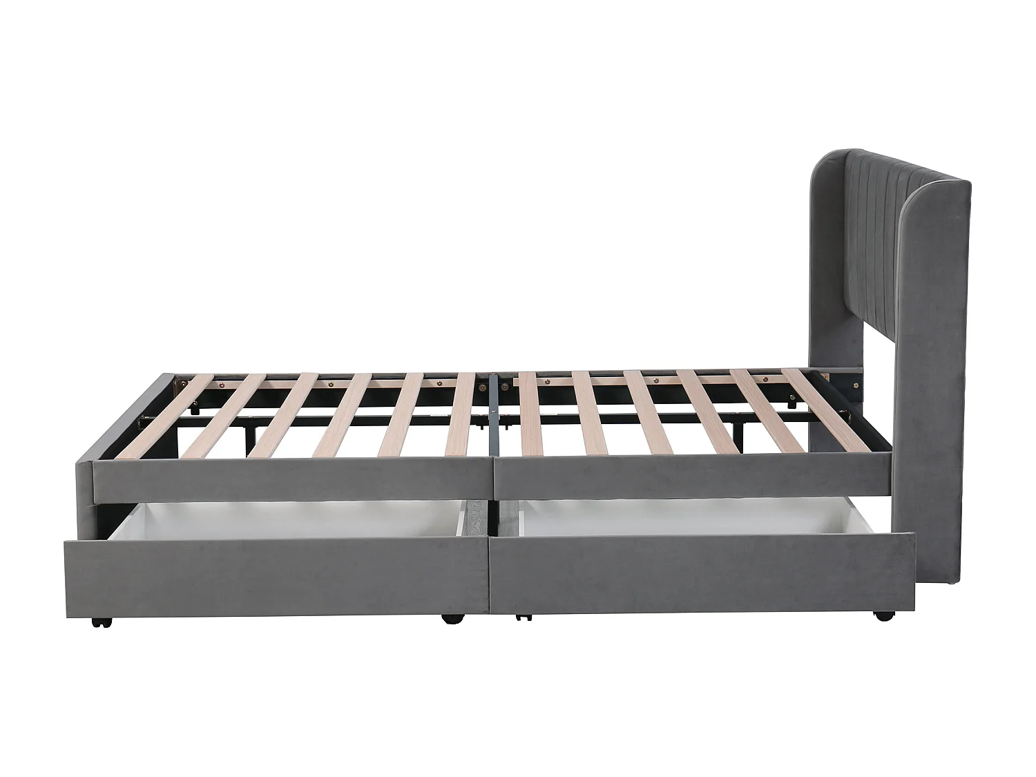 Lit double 140x200 cm avec sommier à lattes et 2 tiroirs, velours gris (Sans matelas)