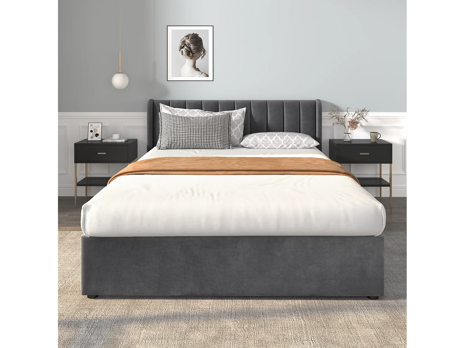 Lit double 140x200 cm avec sommier à lattes et 2 tiroirs, velours gris (Sans matelas)