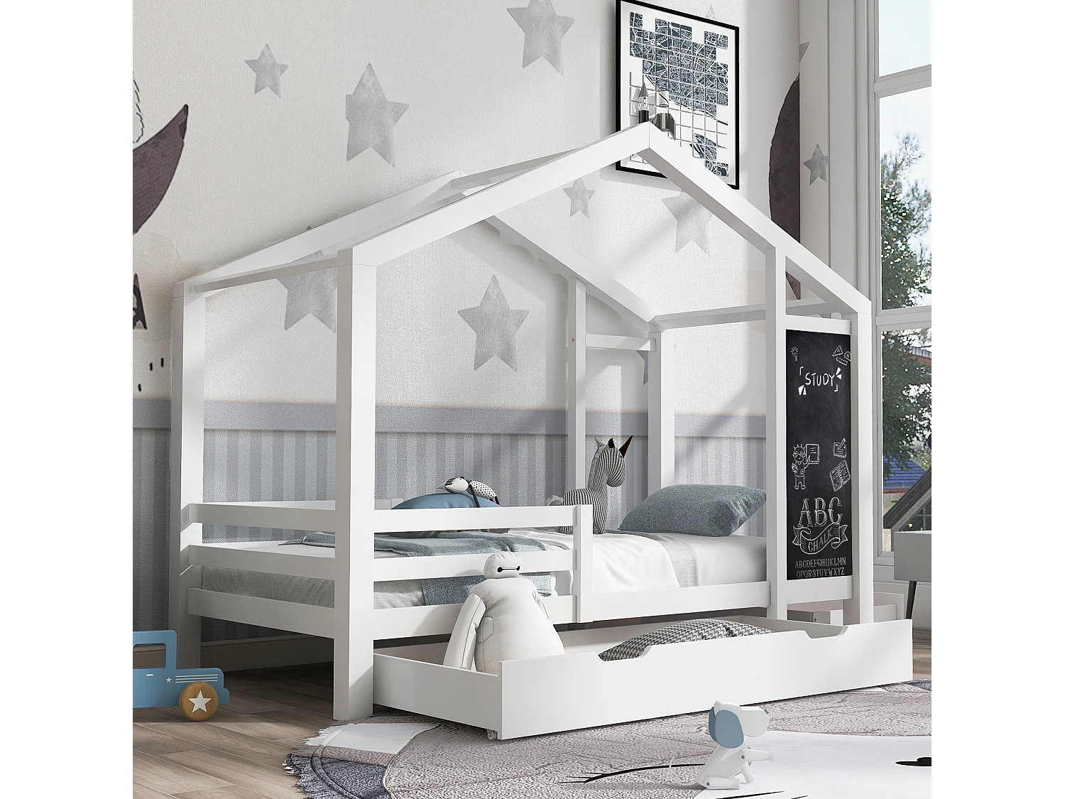 Lit enfant 90x200 cm, forme maison avec tableau et 2 tiroirs, barrière 3 côtés, bois massif blanc(Sans matelas)