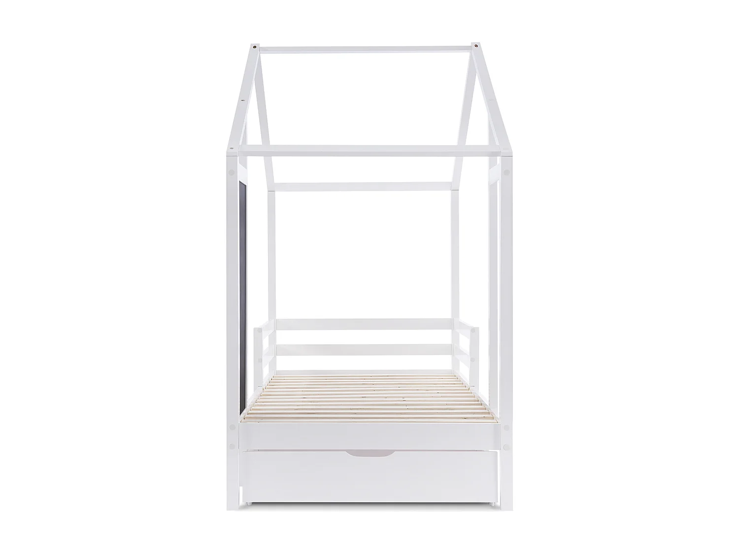 Lit enfant 90x200 cm, forme maison avec tableau et 2 tiroirs, barrière 3 côtés, bois massif blanc(Sans matelas)