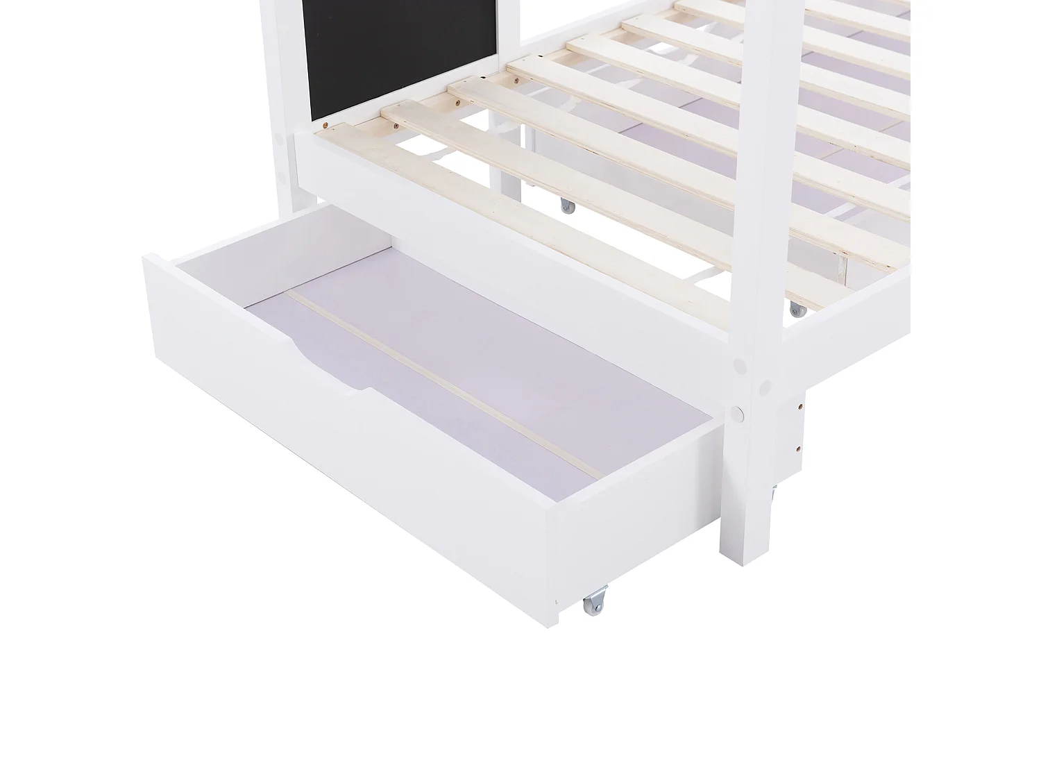 Lit enfant 90x200 cm, forme maison avec tableau et 2 tiroirs, barrière 3 côtés, bois massif blanc(Sans matelas)
