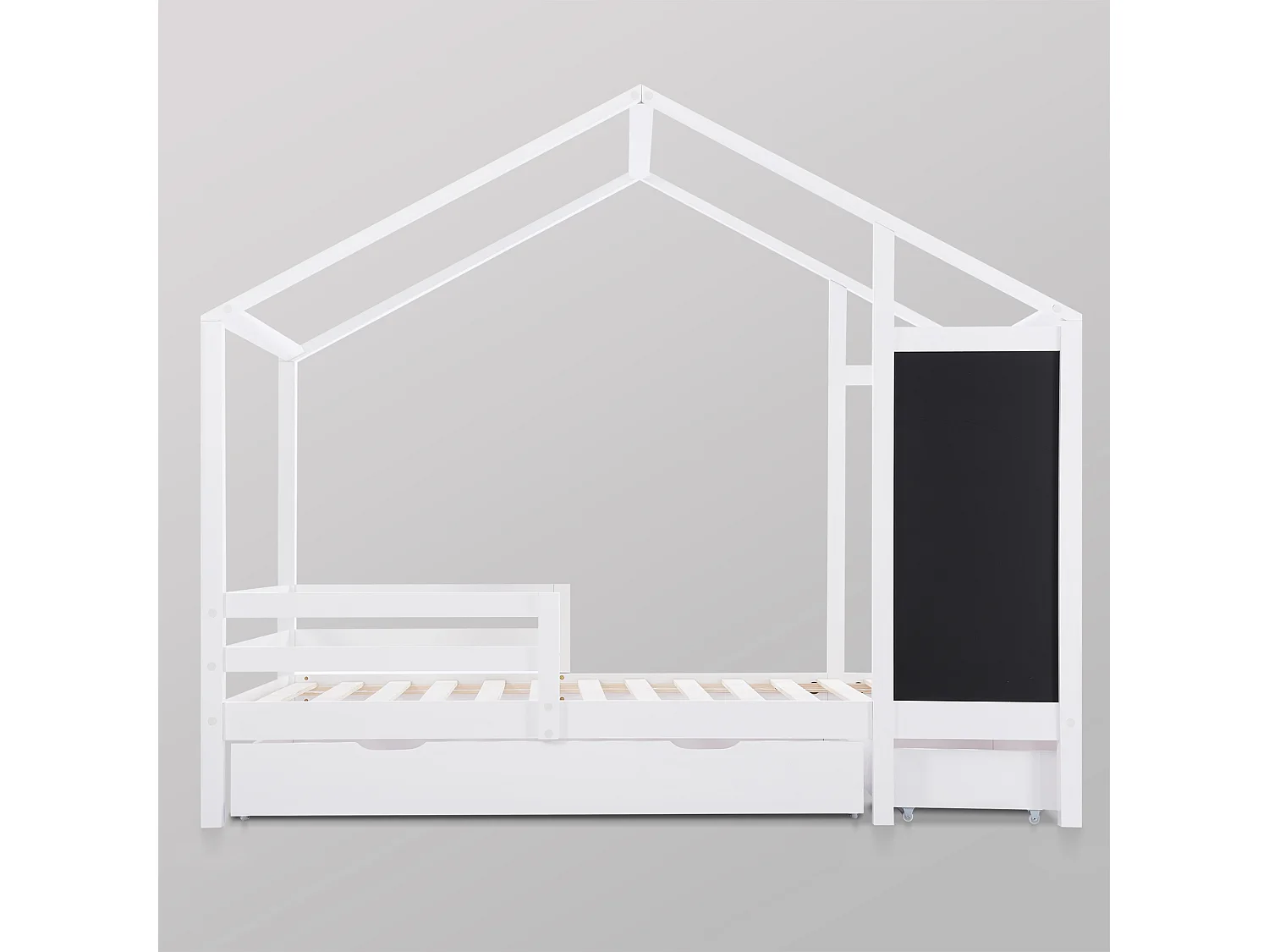 Lit enfant 90x200 cm, forme maison avec tableau et 2 tiroirs, barrière 3 côtés, bois massif blanc(Sans matelas)