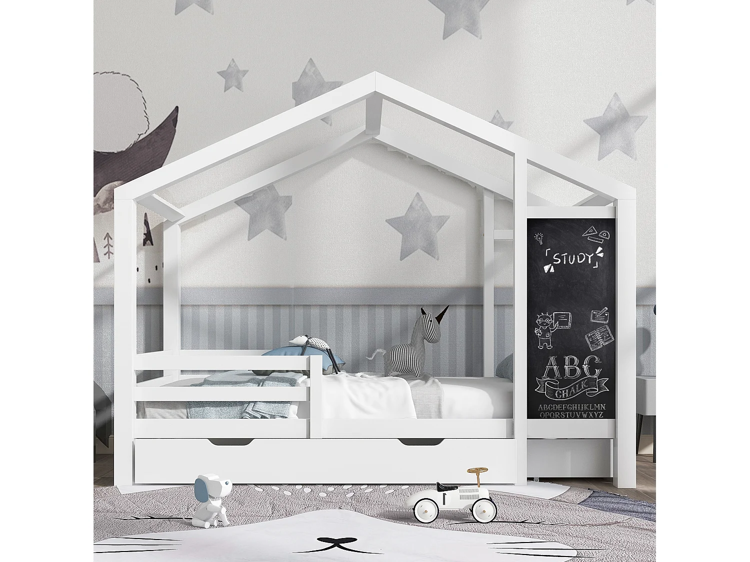 Lit enfant 90x200 cm, forme maison avec tableau et 2 tiroirs, barrière 3 côtés, bois massif blanc(Sans matelas)