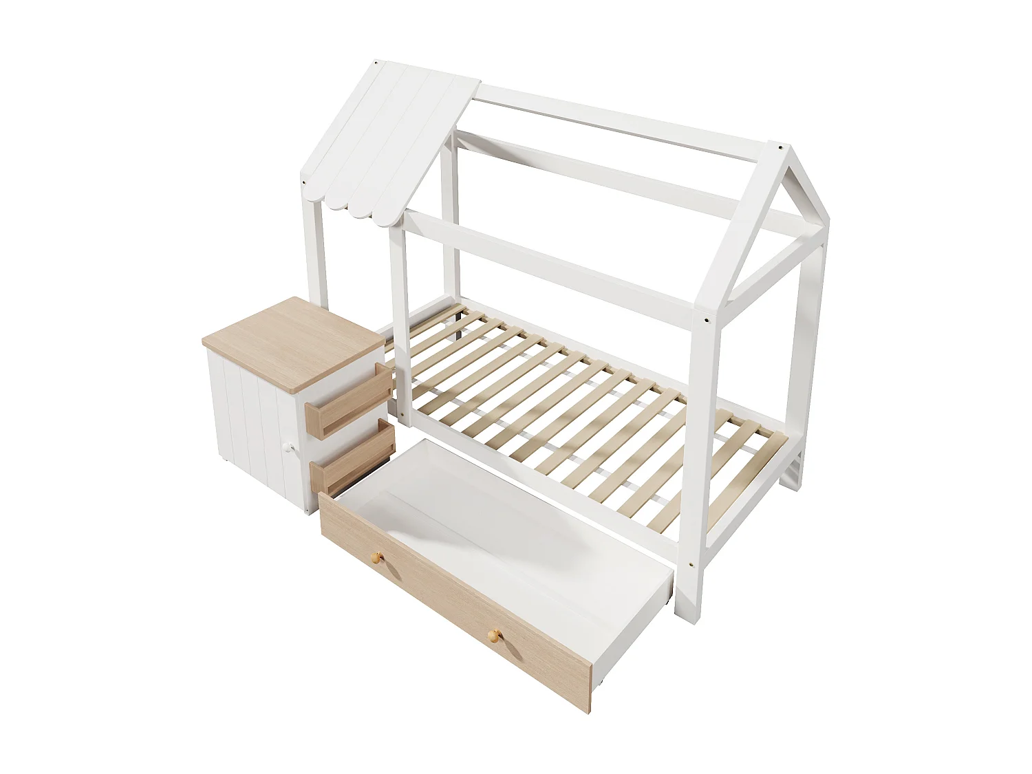 Lit cabane 90x200 cm avec sommier - 1 tiroir et table de chevet amovible - chêne blanc (sans matelas)