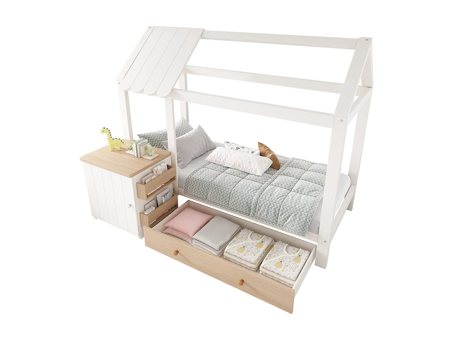 Lit cabane 90x200 cm avec sommier - 1 tiroir et table de chevet amovible - chêne blanc (sans matelas)