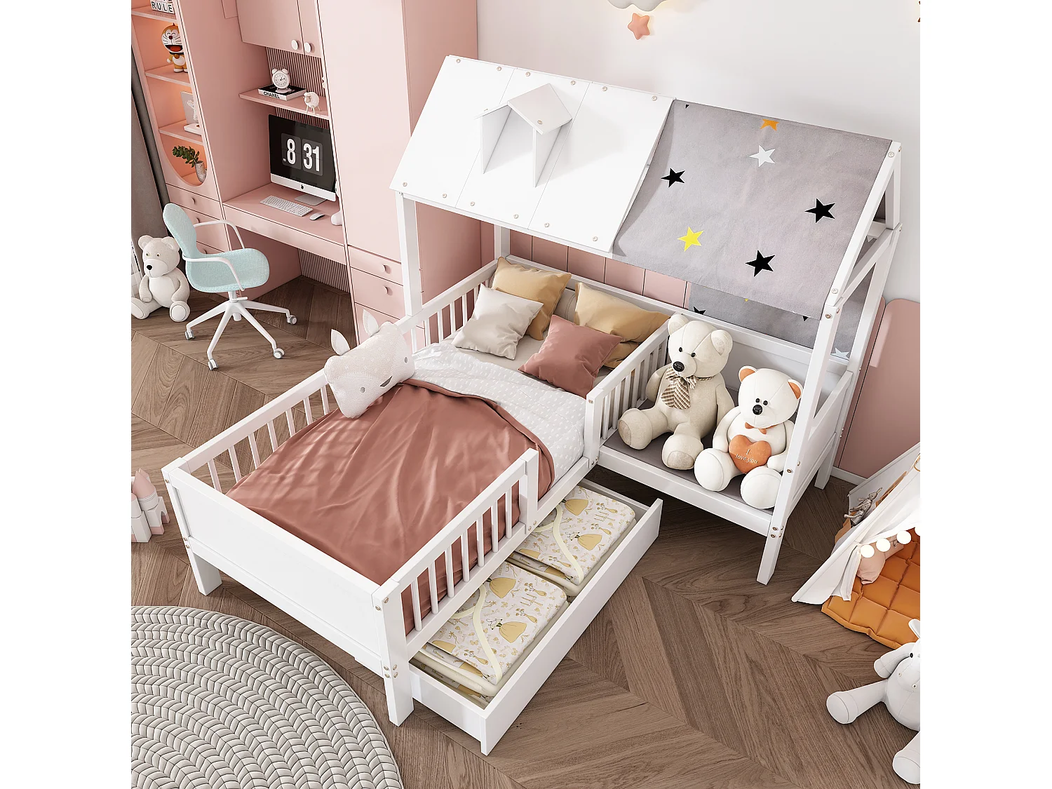 Lit enfant 90x200 cm, avec tiroirs de rangement, sommier inclus, bois massif, blanc(Sans matelas)