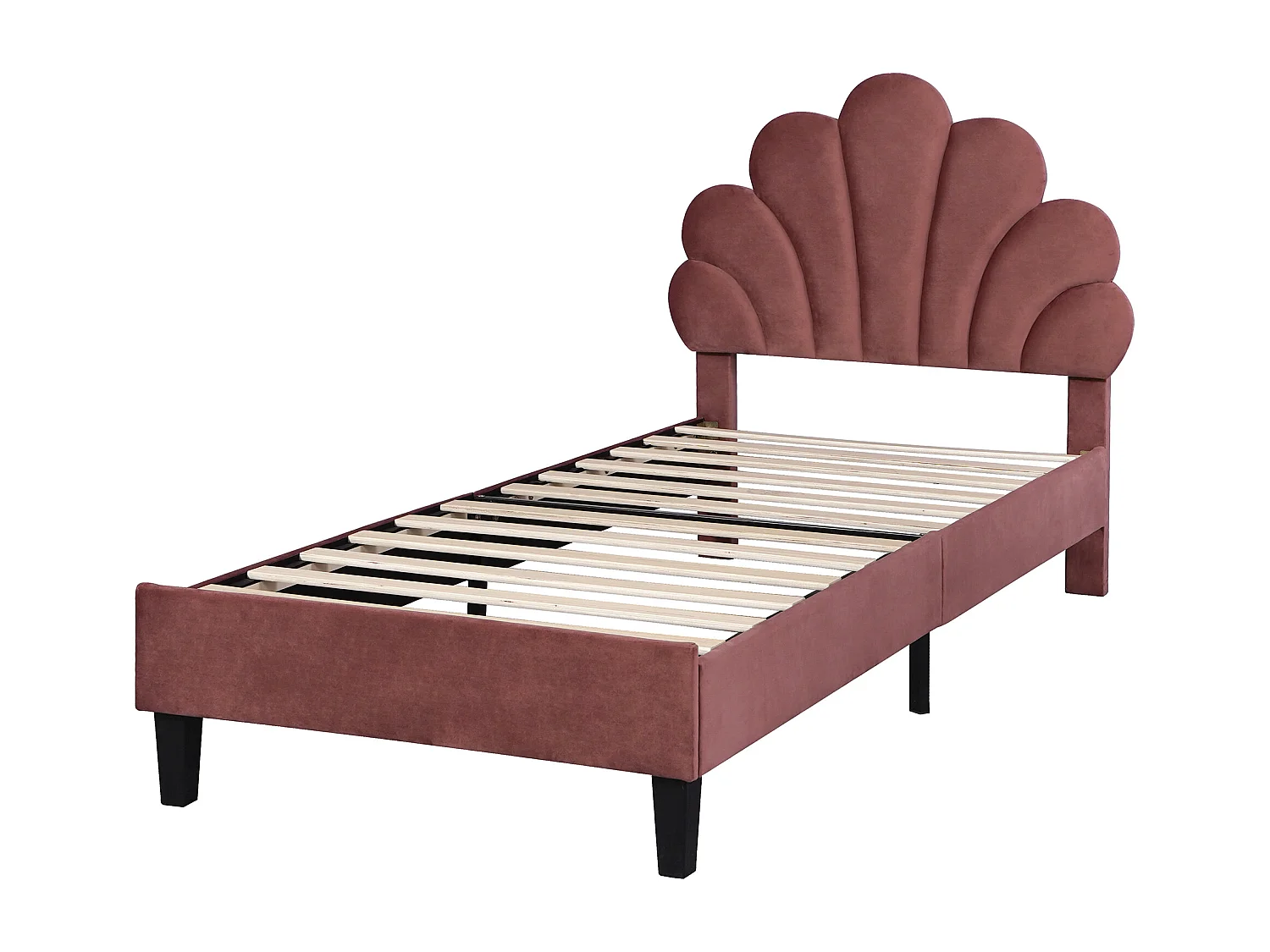 Lit enfant 90x200cm avec tête de lit à motifs floraux et sommier à lattes Revêtement velours en Rouge pour adultes et adolescents