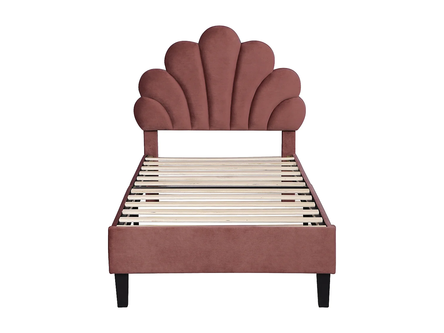 Lit enfant 90x200 cm avec tête de lit fleur et sommier à lattes en velours rouge haricot (Sans matelas)