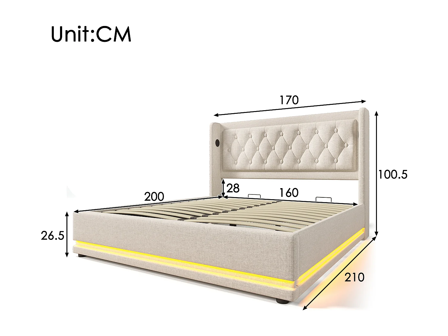 Lit coffre 160x200 cm avec LED 3 côtés et ports USB Type C, tête de lit capitonnée, coton beige (Sans matelas)
