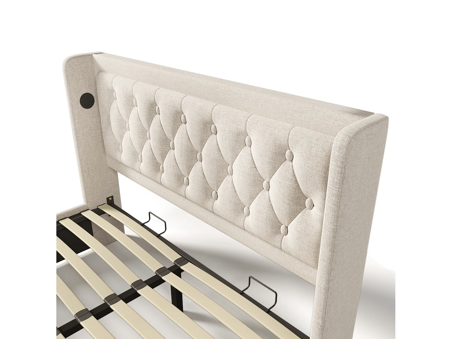 Lit coffre 160x200 cm avec LED 3 côtés et ports USB Type C, tête de lit capitonnée, coton beige (Sans matelas)