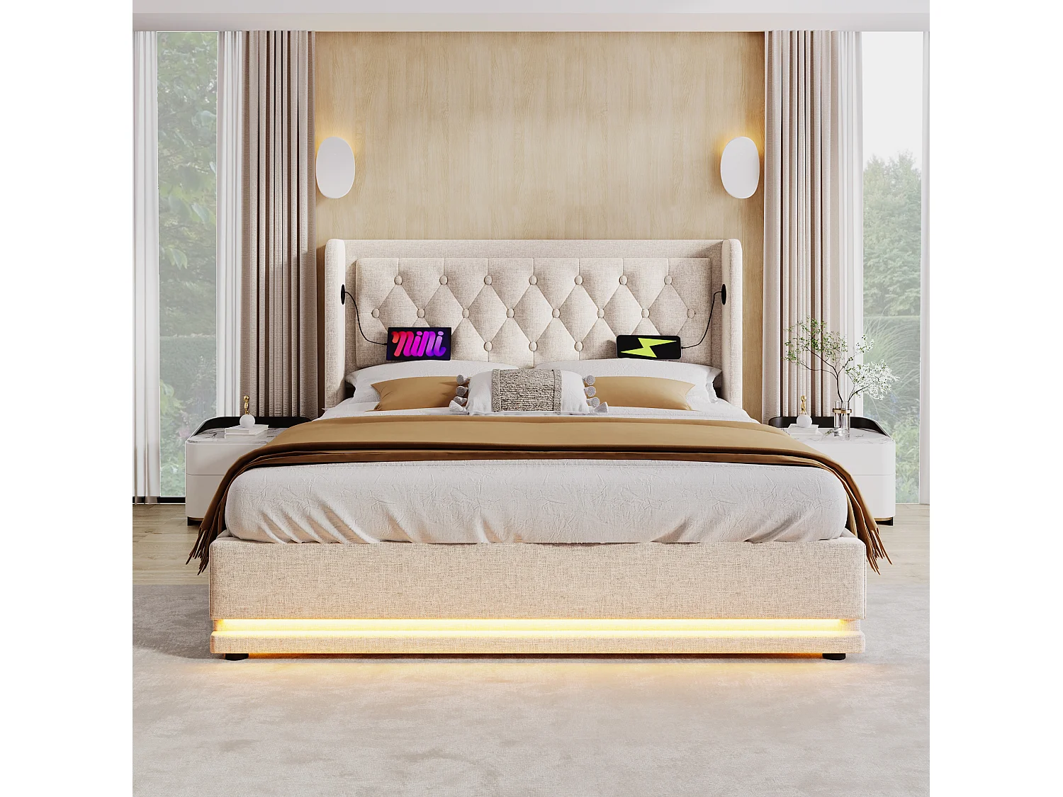 Lit coffre 160x200 cm avec LED 3 côtés et ports USB Type C, tête de lit capitonnée, coton beige (Sans matelas)