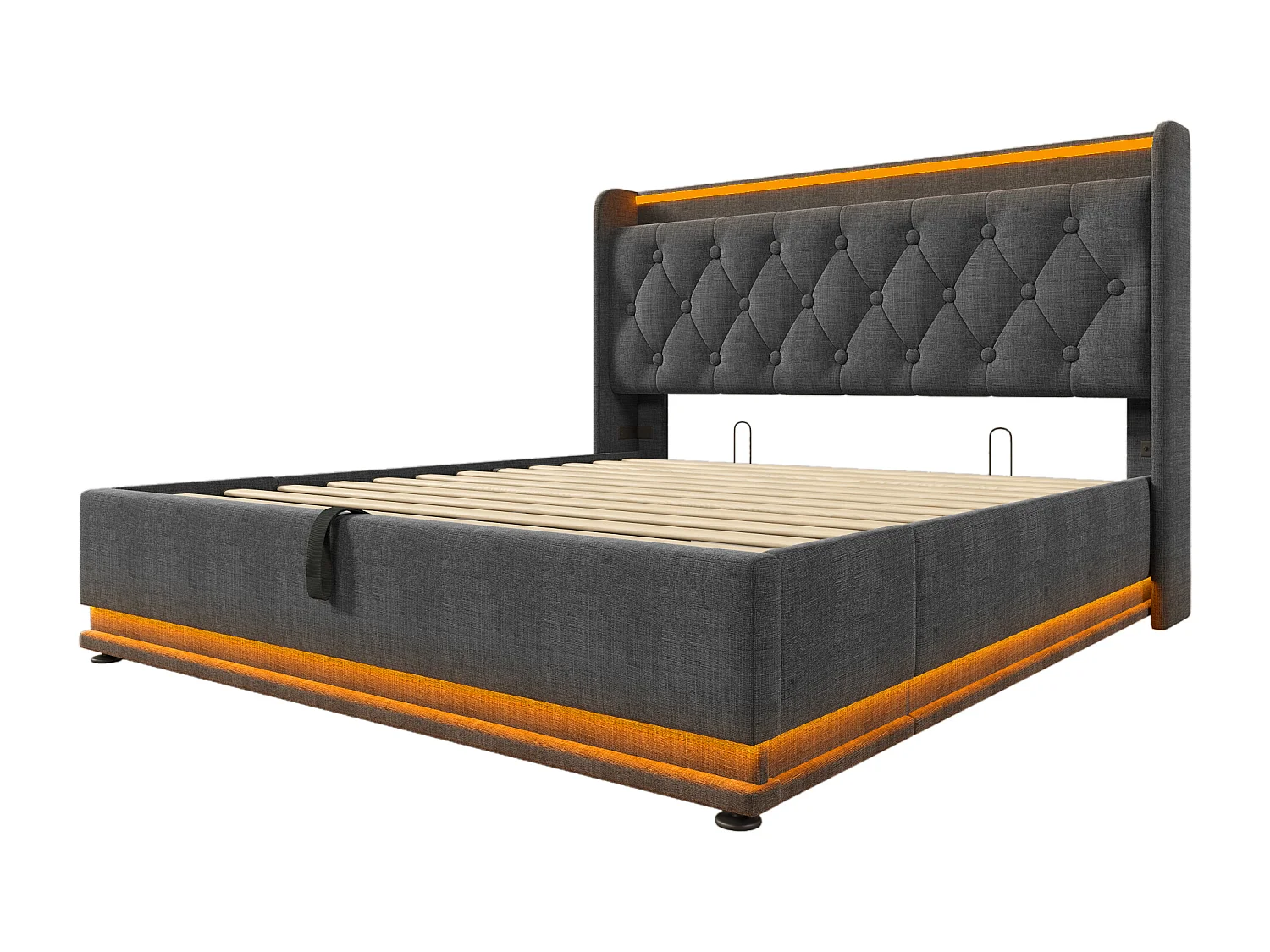 Lit coffre 160x200 cm avec LED 360° et ports USB Type C, tête de lit capitonnée, lin gris (Avec matelas)