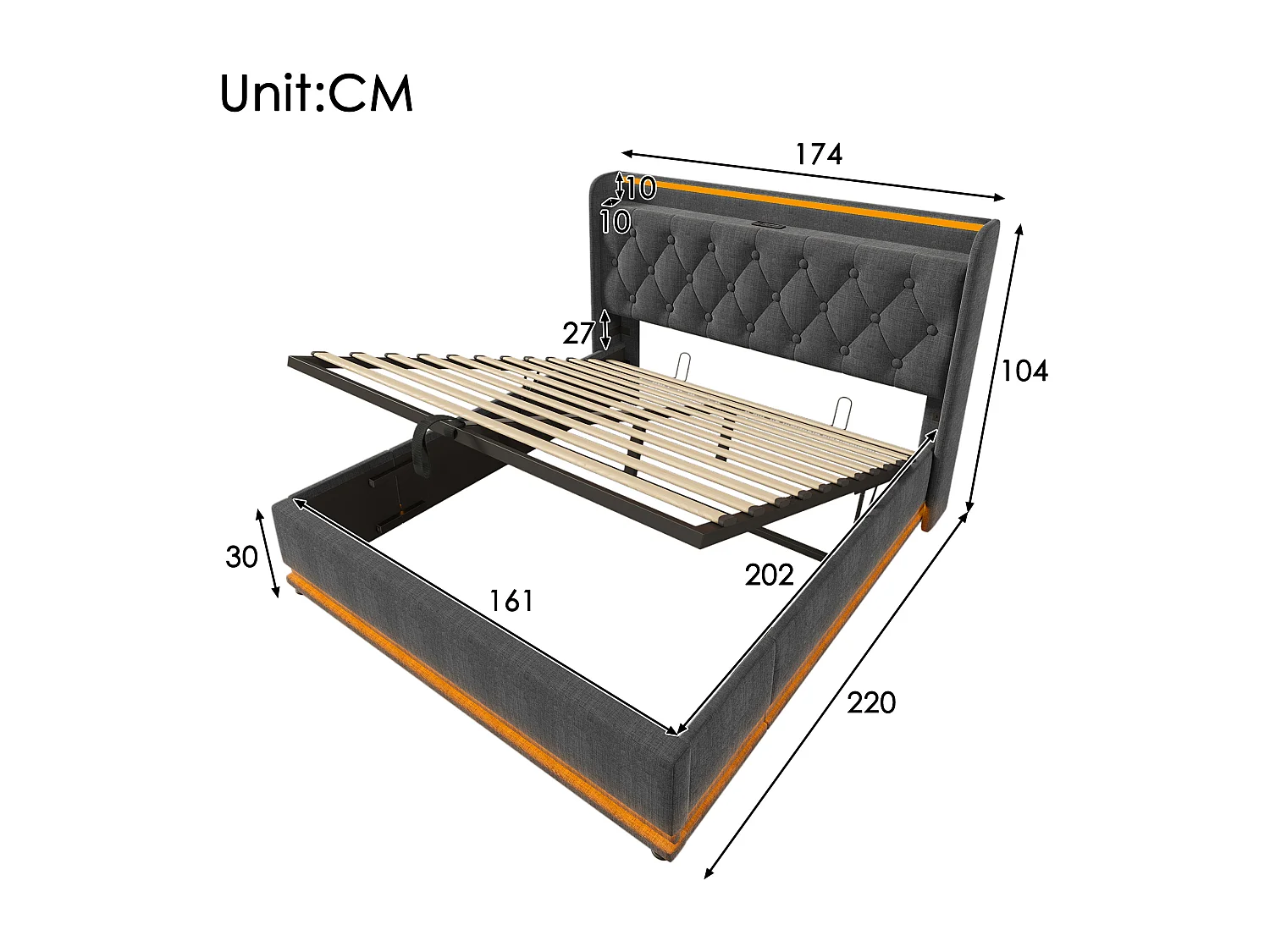Lit coffre 160x200 cm avec LED 360° et ports USB Type C, tête de lit capitonnée, lin gris (Avec matelas)