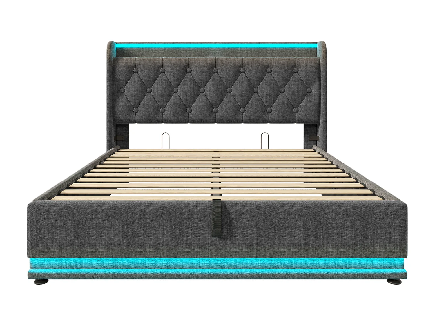 Lit coffre 160x200 cm avec LED 360° et ports USB Type C, tête de lit capitonnée, lin gris (Avec matelas)