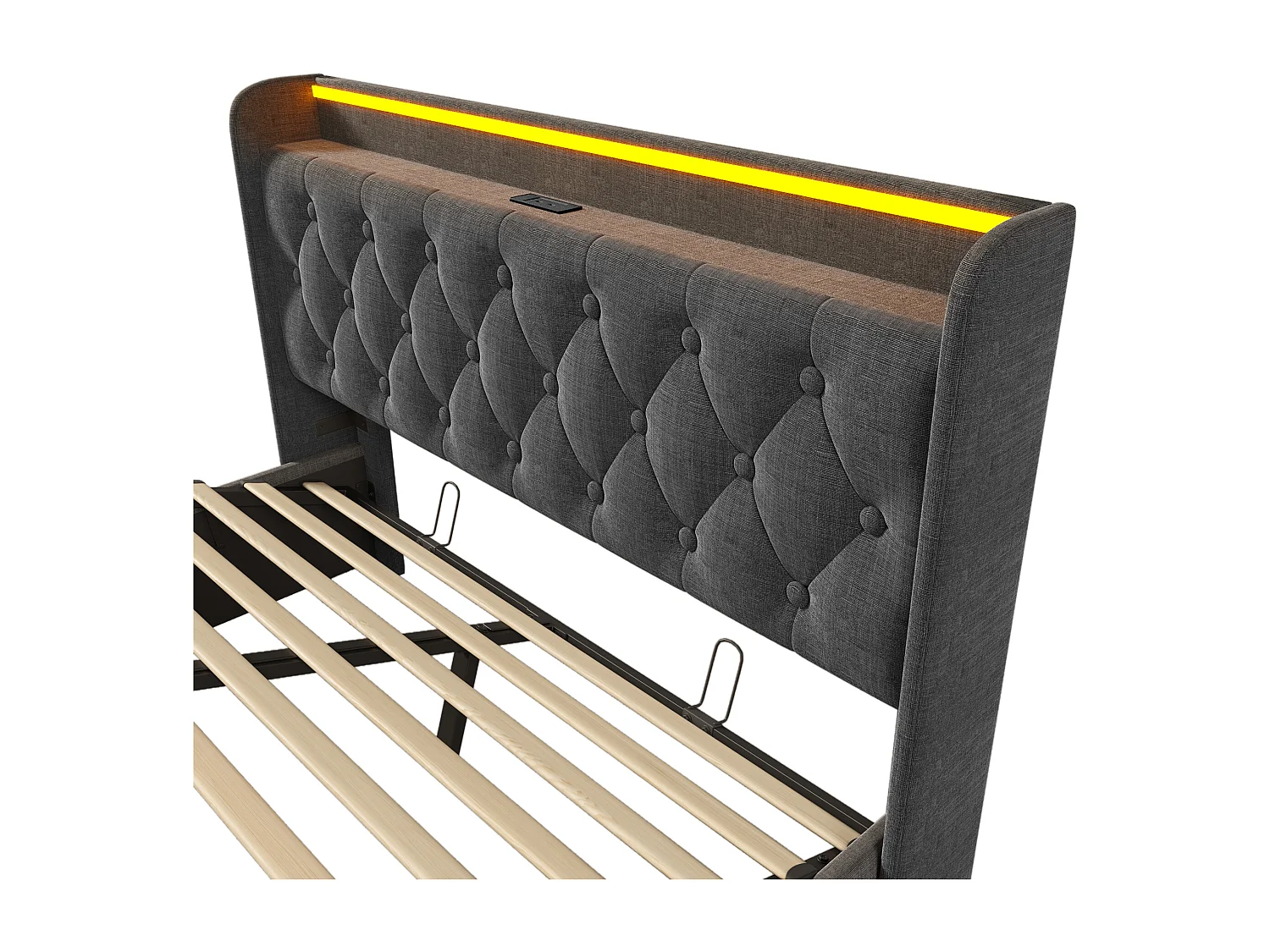 Lit coffre 160x200 cm avec LED 360° et ports USB Type C, tête de lit capitonnée, lin gris (Avec matelas)