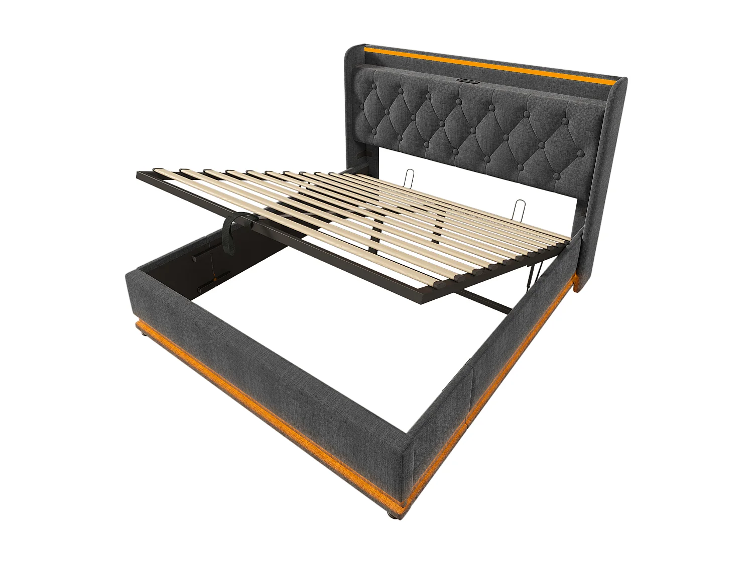 Lit coffre 160x200 cm avec LED 360° et ports USB Type C, tête de lit capitonnée, lin gris (Avec matelas)