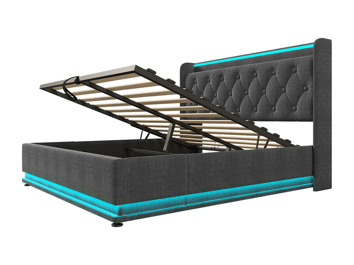 Lit coffre 160x200 cm avec LED 360° et ports USB Type C, tête de lit capitonnée, lin gris (Avec matelas)