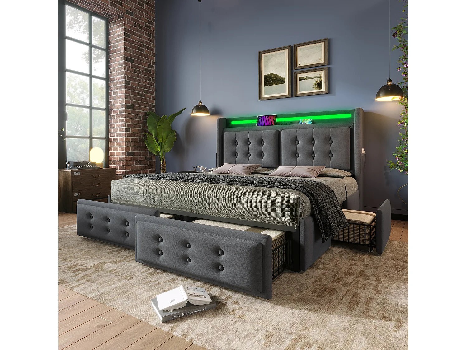 Lit double 160x200 cm avec LED, ports USB et Type C, 4 tiroirs, coton lin gris (Sans matelas)
