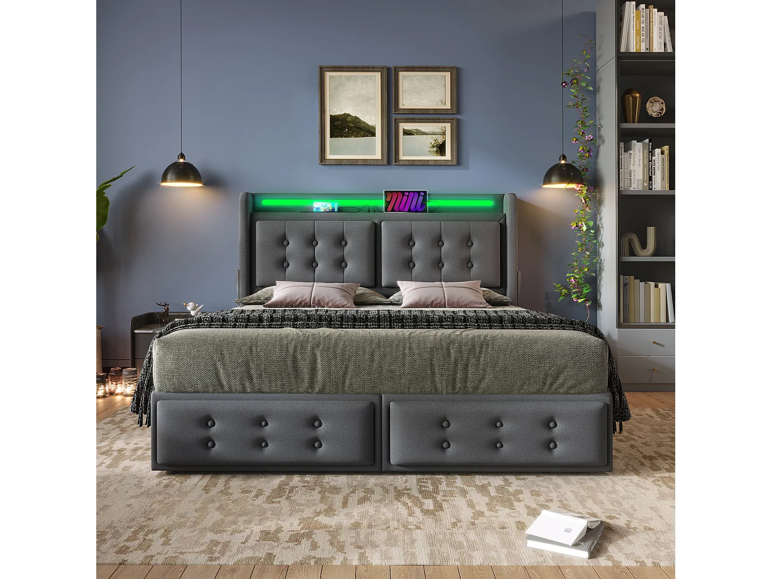 Lit double 160x200 cm avec LED, ports USB et Type C, 4 tiroirs, coton lin gris (Sans matelas)