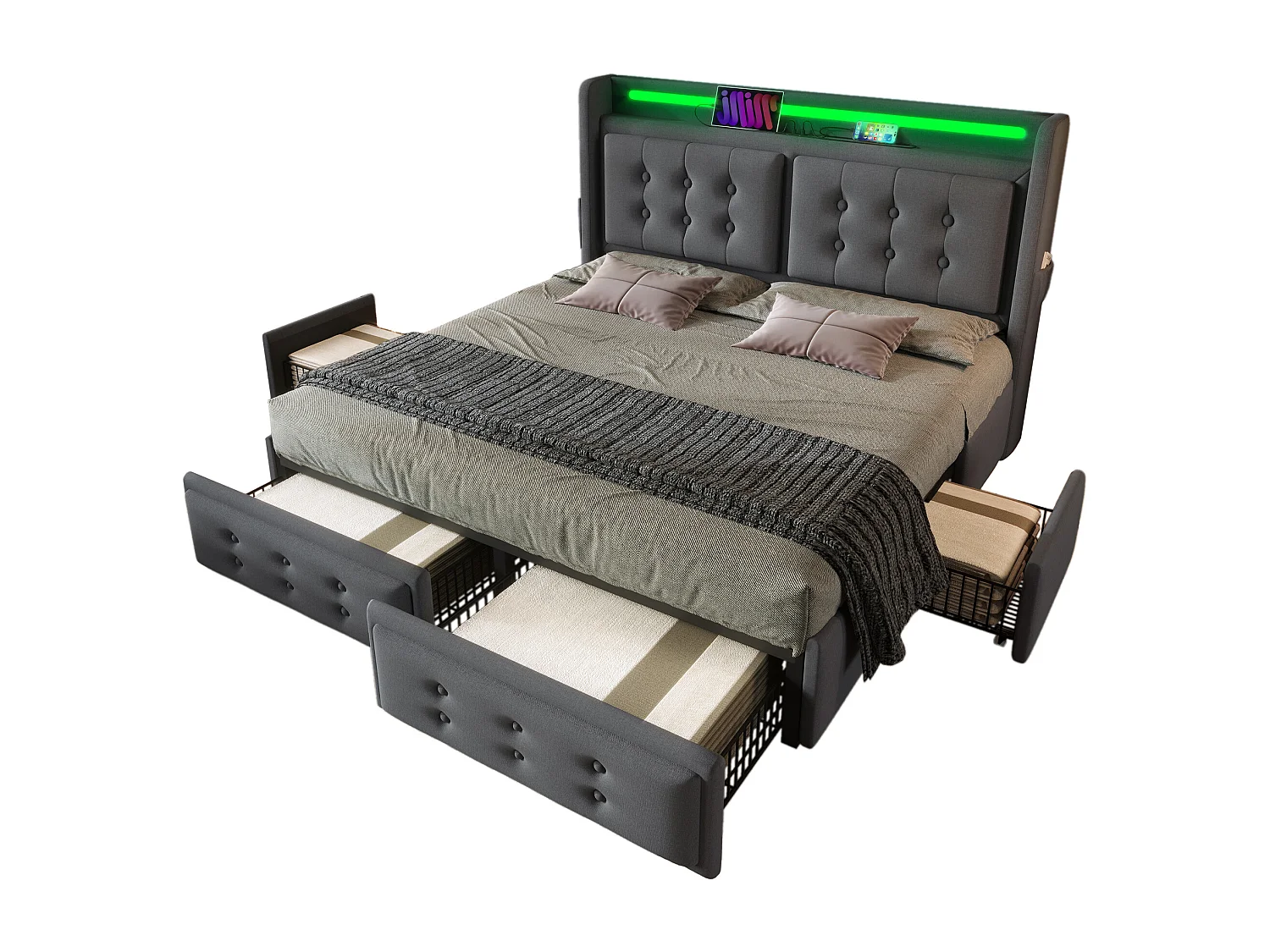 Lit double 160x200 cm avec LED, ports USB et Type C, 4 tiroirs, coton lin gris (Sans matelas)