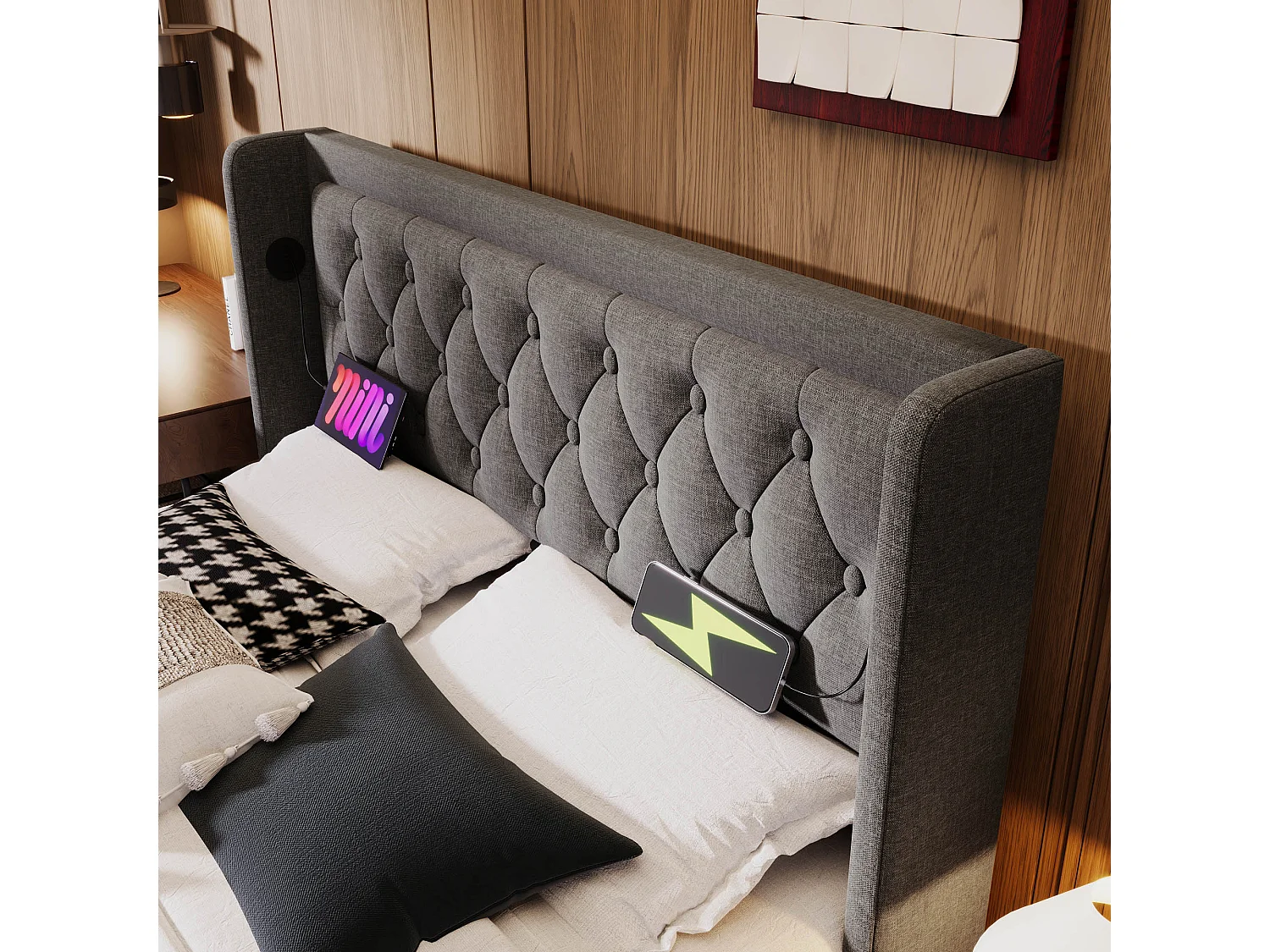 Lit Coffre 160x200cm avec LED USB Espace de rangement Matelas Sommier à lattes en bois en gris pour adultes et enfants et adolescents