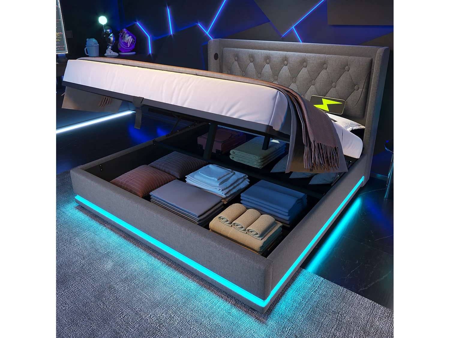 Lit coffre 160x200 cm avec LED 3 côtés et USB Type C, tête de lit capitonnée, coton gris (Avec matelas)