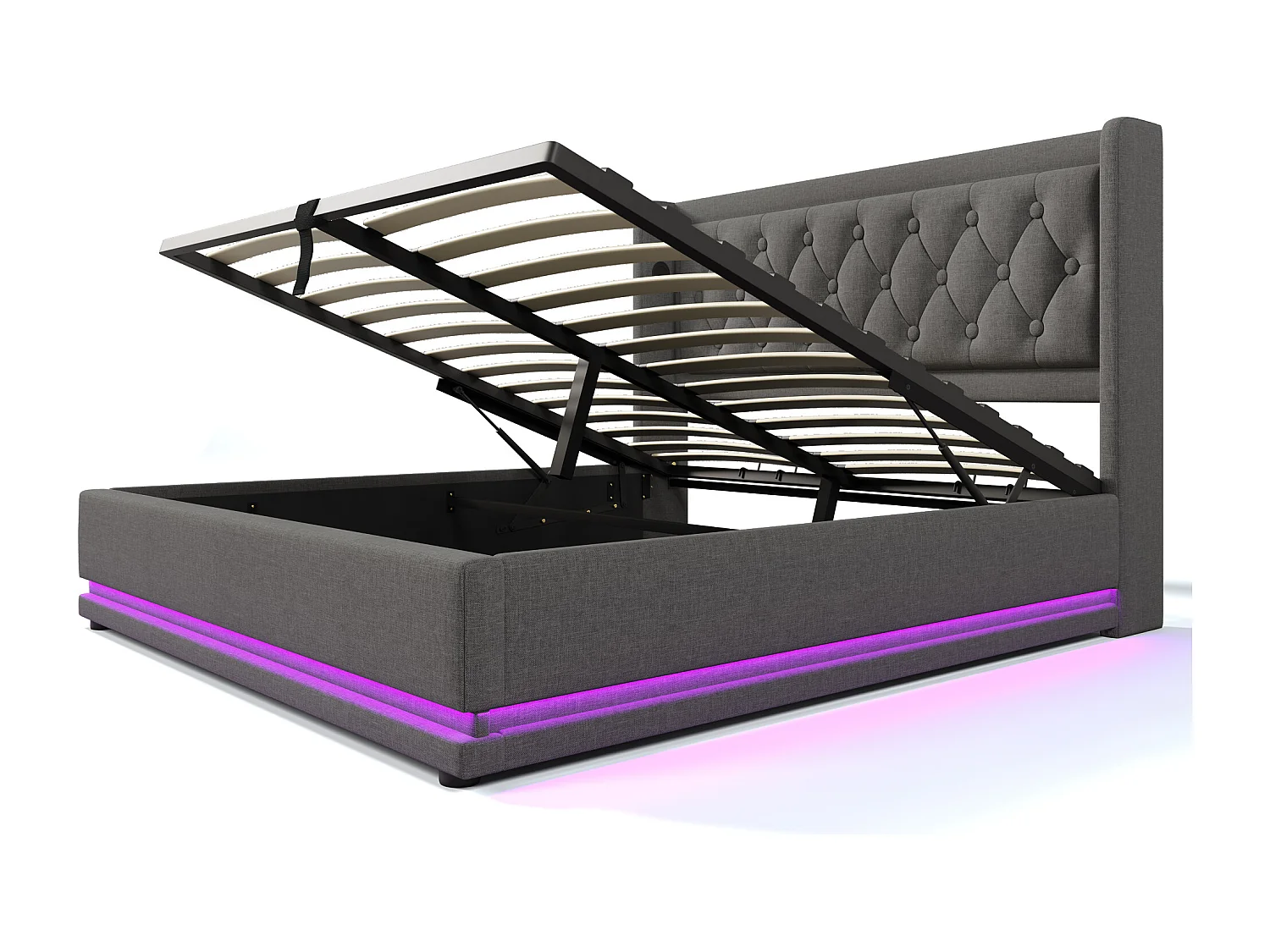 Lit coffre 160x200 cm avec LED 3 côtés et USB Type C, tête de lit capitonnée, coton gris (Avec matelas)