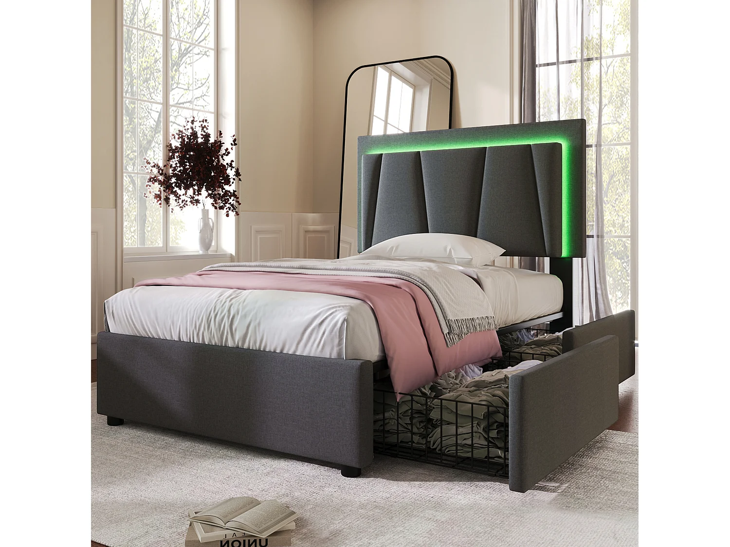 Lit simple 90x200 cm avec LED, 2 tiroirs et tête de lit réglable, bois, gris (Avec matelas)