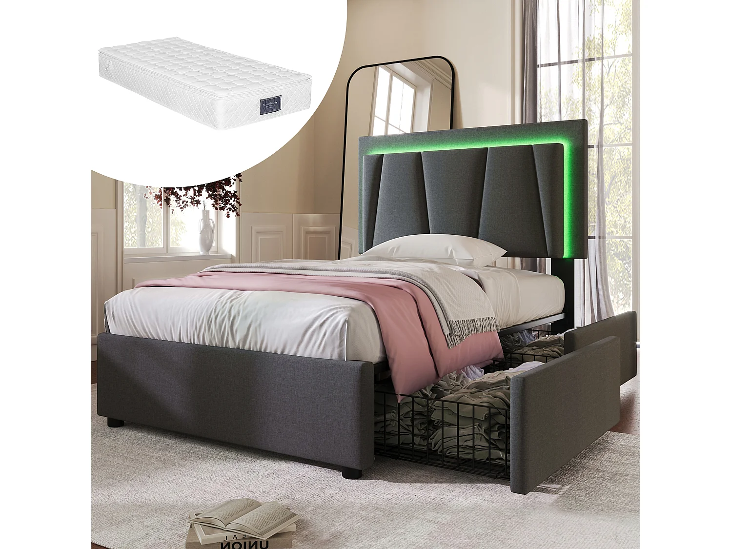 Lit simple 90x200 cm avec LED, 2 tiroirs et tête de lit réglable, bois, gris (Avec matelas)