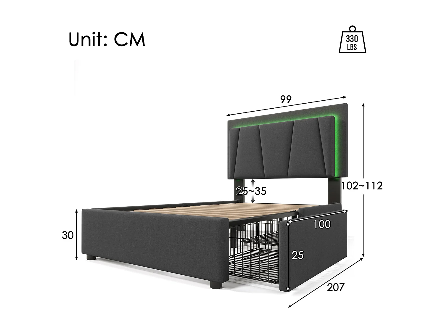 Lit simple 90x200 cm avec LED, 2 tiroirs et tête de lit réglable, bois, gris (Avec matelas)