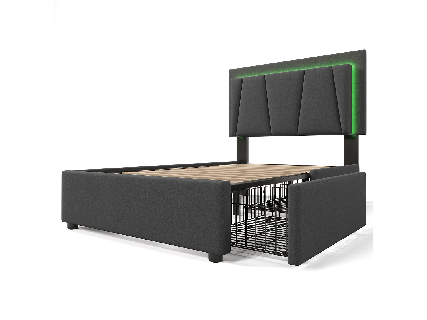 Lit simple 90x200 cm avec LED, 2 tiroirs et tête de lit réglable, bois, gris (Avec matelas)