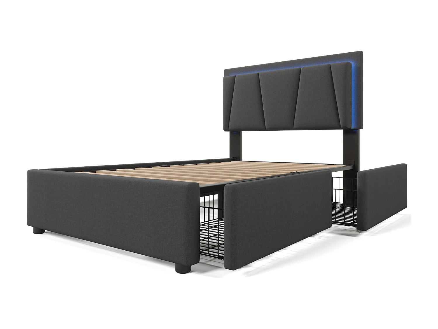 Lit simple 90x200 cm avec LED, 2 tiroirs et tête de lit réglable, bois, gris (Avec matelas)
