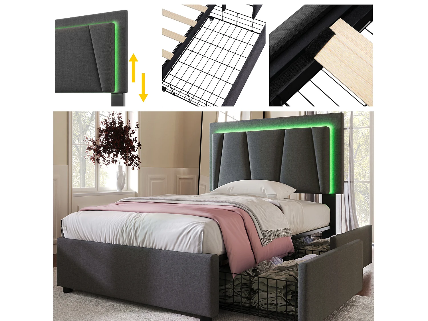 Lit simple 90x200 cm avec LED, 2 tiroirs et tête de lit réglable, bois, gris (Avec matelas)