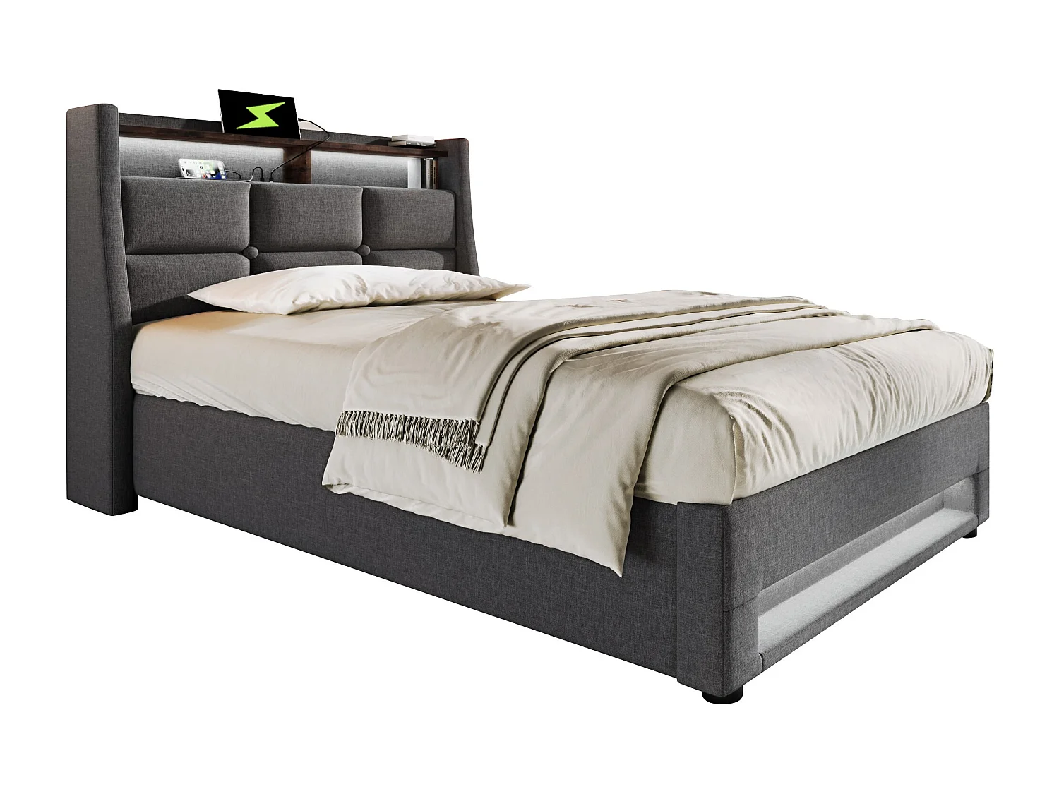 Lit coffre 90x200 cm avec avec sommier - tête de lit capitonnée avec USB et LED - tissu lin - gris (sans matelas)