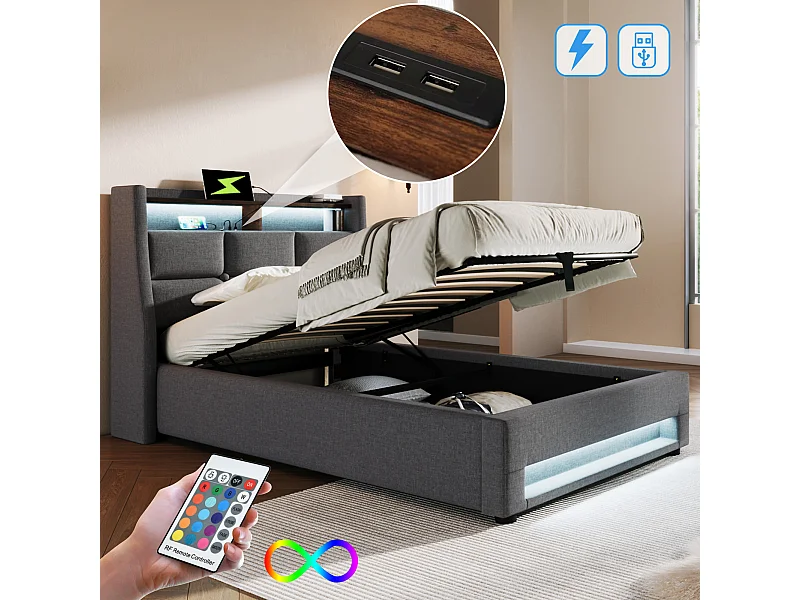 Lit coffre 90x200 cm avec avec sommier - tête de lit capitonnée avec USB et LED - tissu lin - gris (sans matelas)