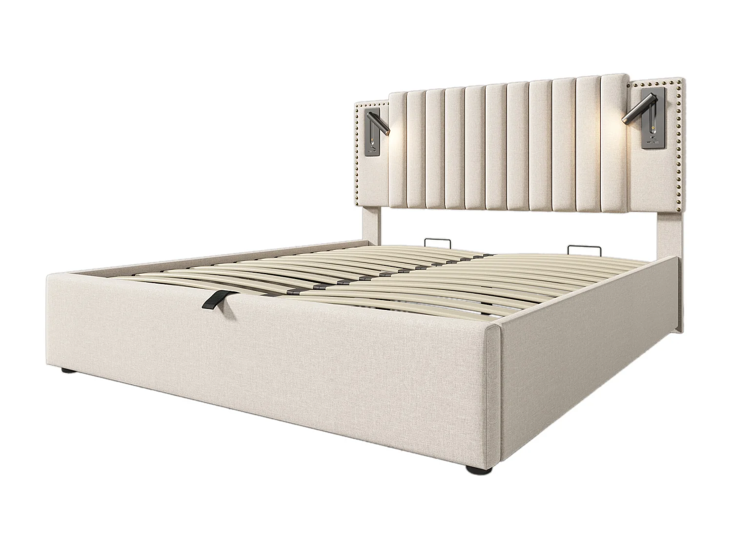 Lit coffre 180x200 cm, tête de lit réglable avec liseuses et USB, sommier à lattes, coton beige(Sans matelas)