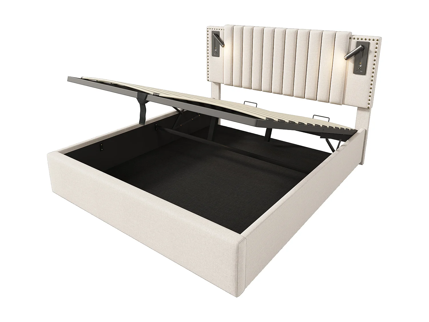 Lit coffre 180x200 cm, tête de lit réglable avec liseuses et USB, sommier à lattes, coton beige(Sans matelas)