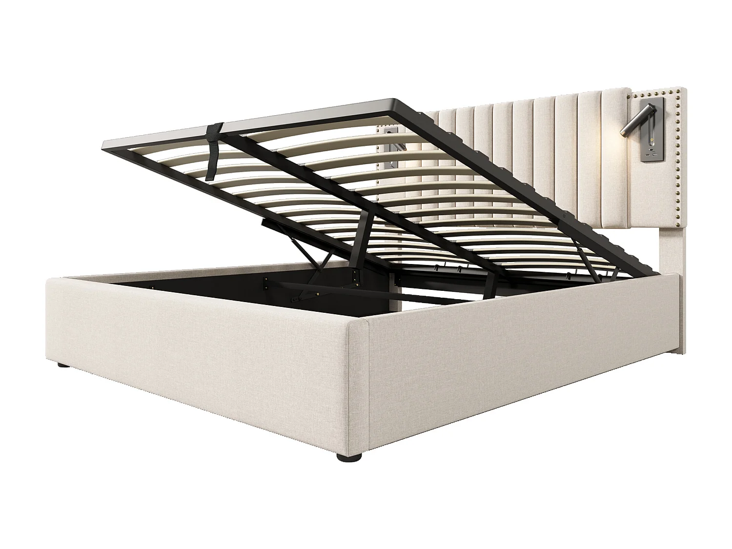 Lit coffre 180x200 cm, tête de lit réglable avec liseuses et USB, sommier à lattes, coton beige(Sans matelas)