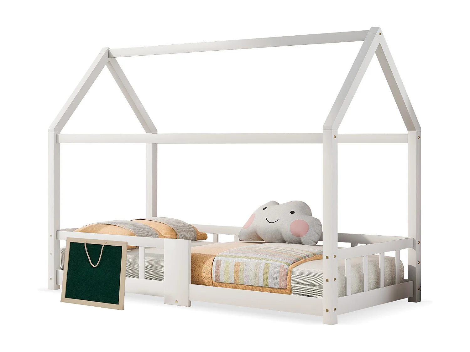 Lit cabane 90x200 cm avec protection anti-chute et 1 tableau noir - sommier à lattes en bois - blanc (sans matelas)