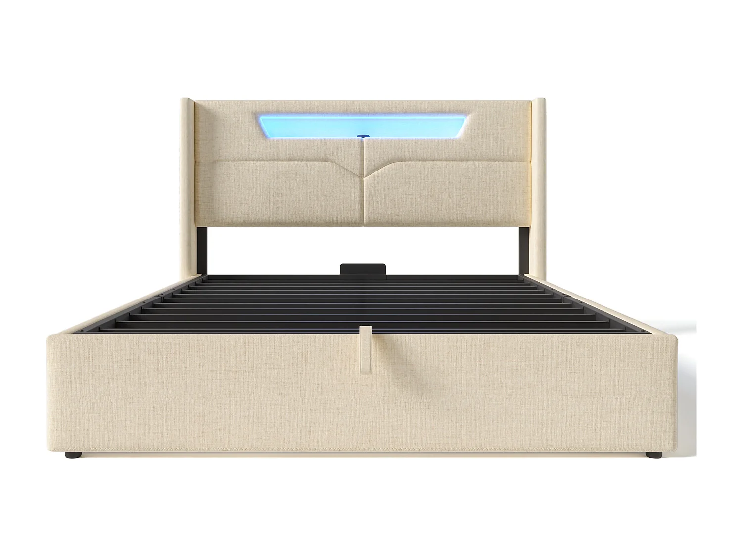 Lit coffre 140x200 cm - tête de lit avec USB et LED - cadre de lit en métal - lin beige (sans matelas)